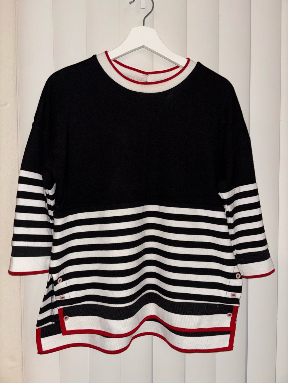Black and White Striped Long Sleeve Sweater with Red Trim